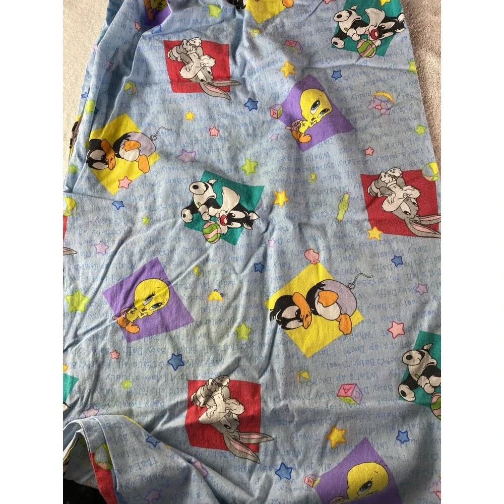 Vintage Looney Tunes Babies Blue Fitted Crib Sheet Tweety Bugs Daffy Sylvester